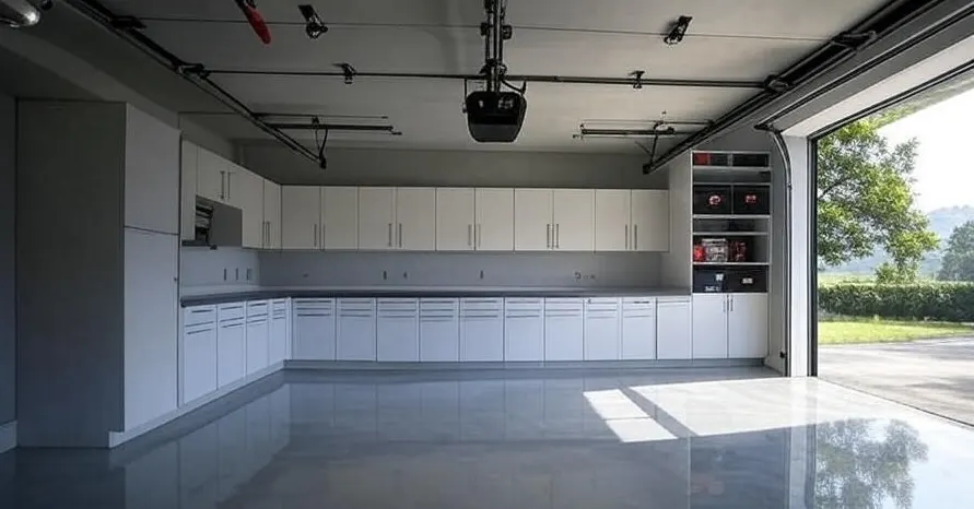 Solid light gray high-gloss epoxy floor in a residential garage fitted with white cabinetry