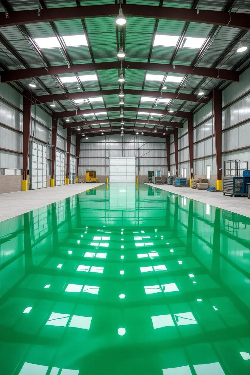 Warehouse floor with a green traffic aisle coated down the center and gray to either side