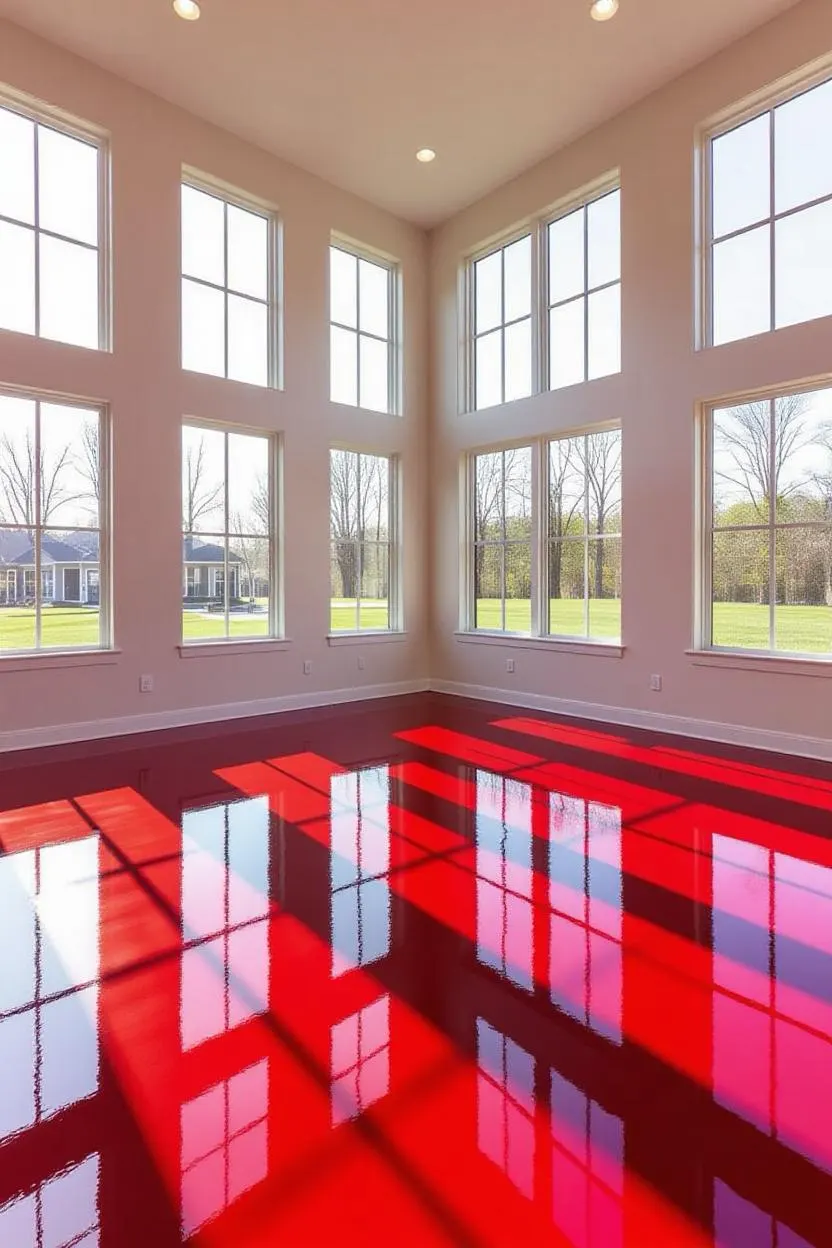 Solid red high-gloss floor in a sun-filled interior room