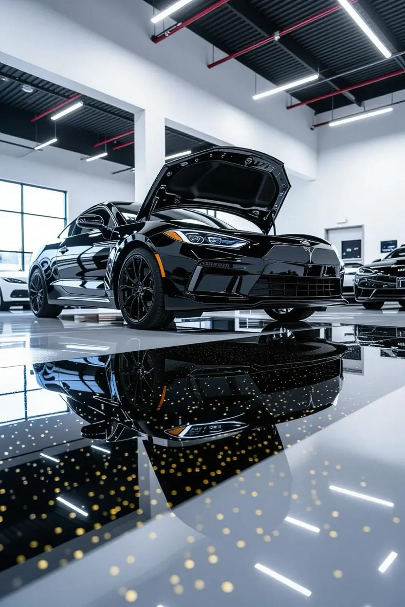 Two-tone showroom floor — black with gold fleck against white