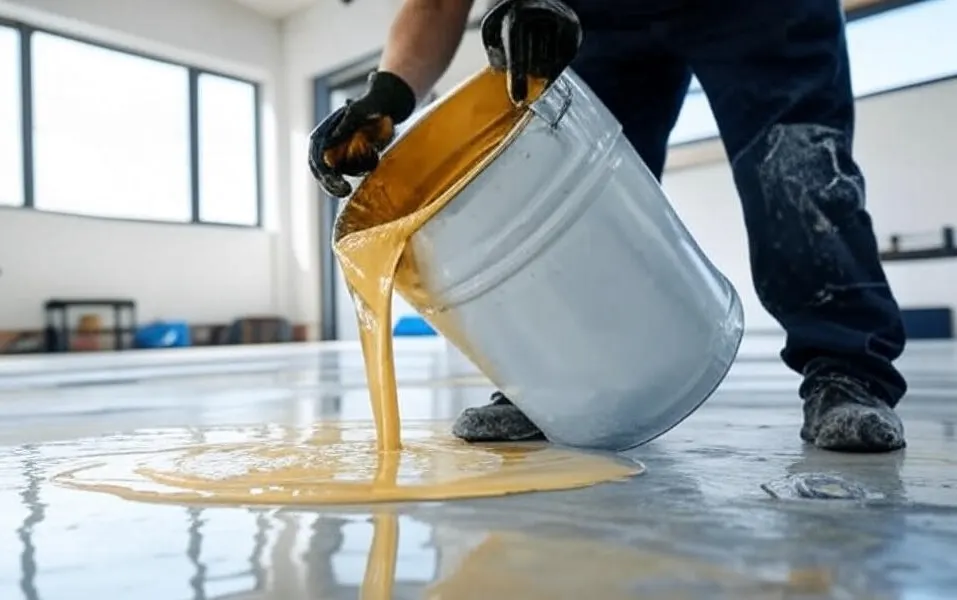 Pouring mixed epoxy onto a prepared slab