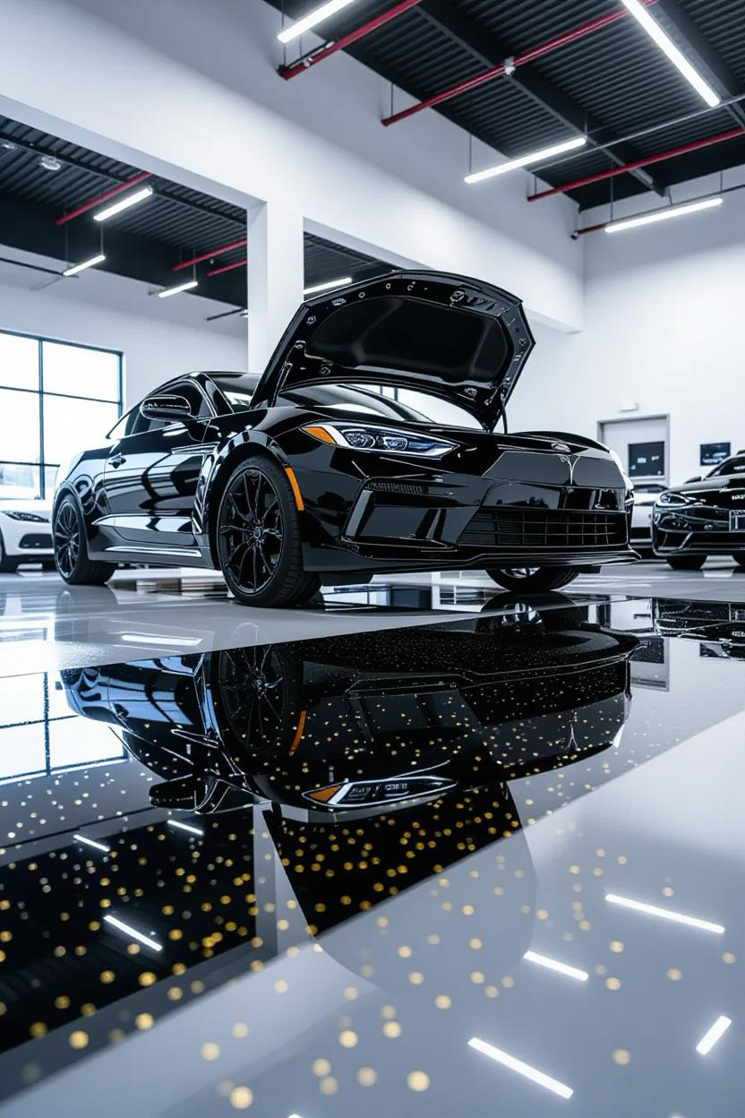 Luxury black metallic epoxy garage floor with high-end vehicle